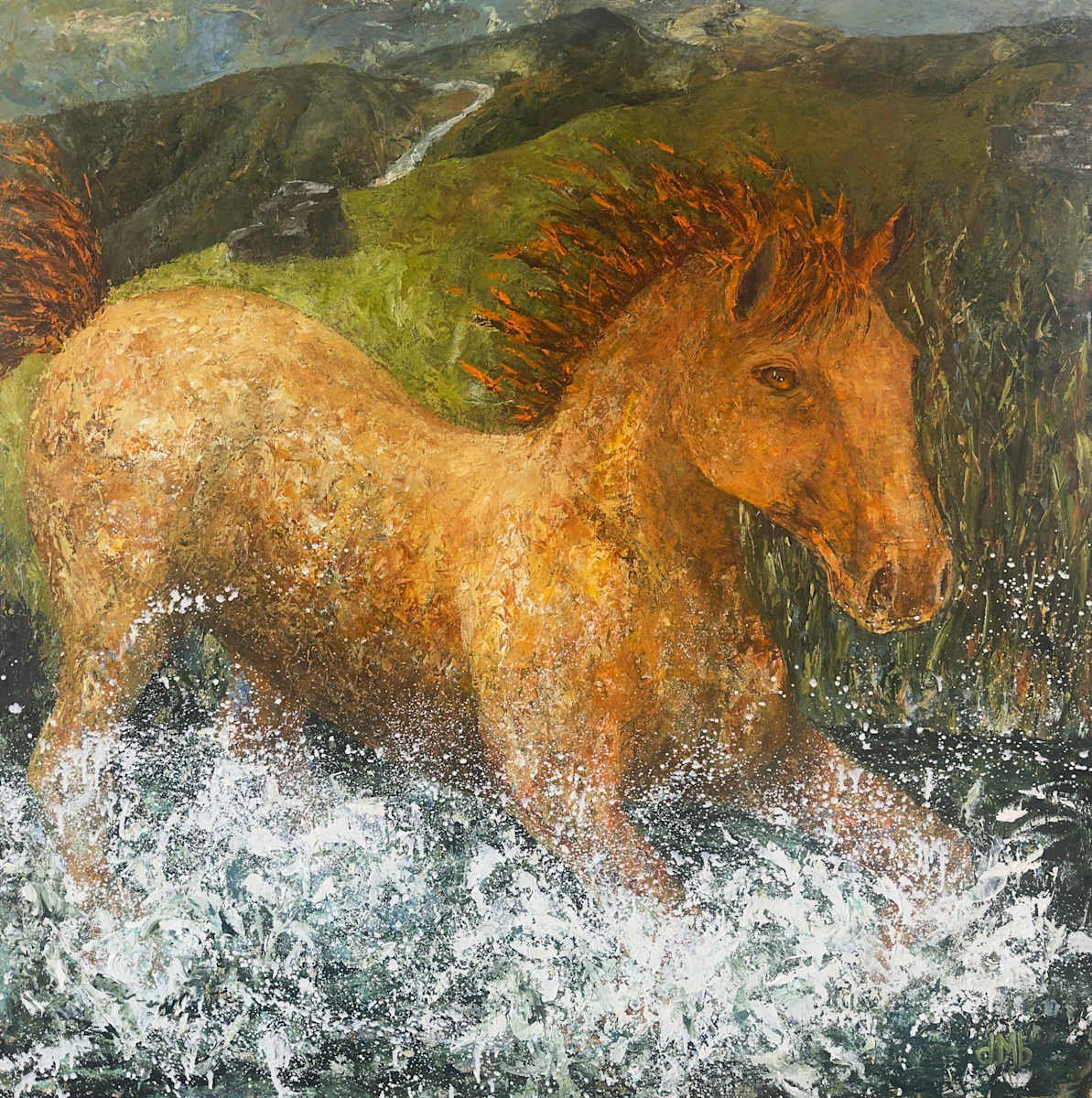 Brown horse splashing in water, running through a stream with green hills in background.