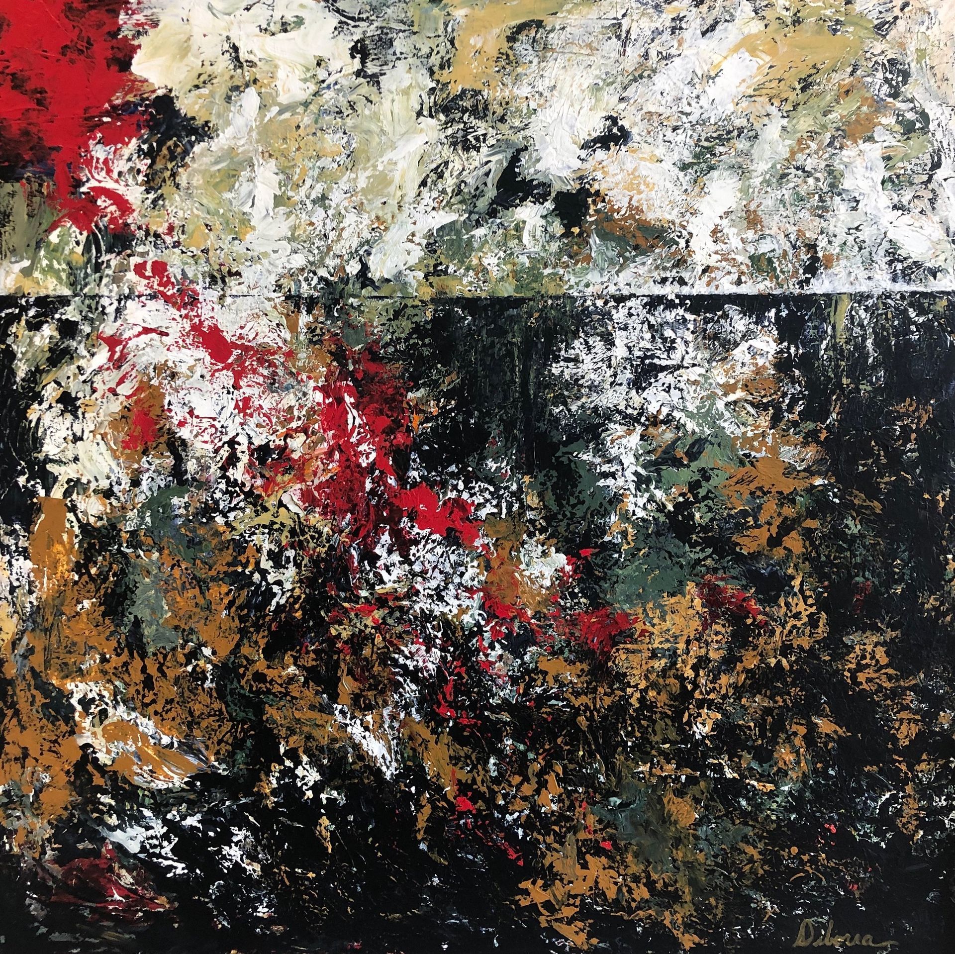 Abstract painting. Red, white, gold, and green splotches over a black and tan background.