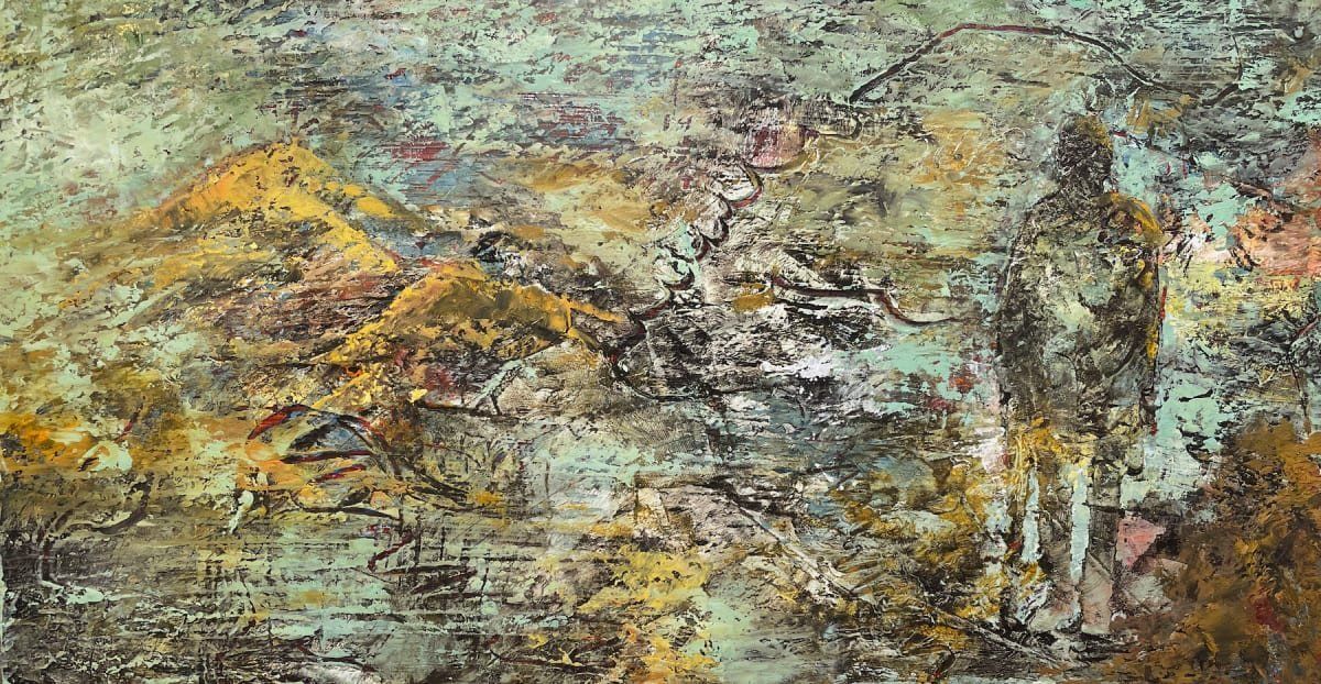 Abstract painting with yellow and brown mountains, over light green and dark brown background.