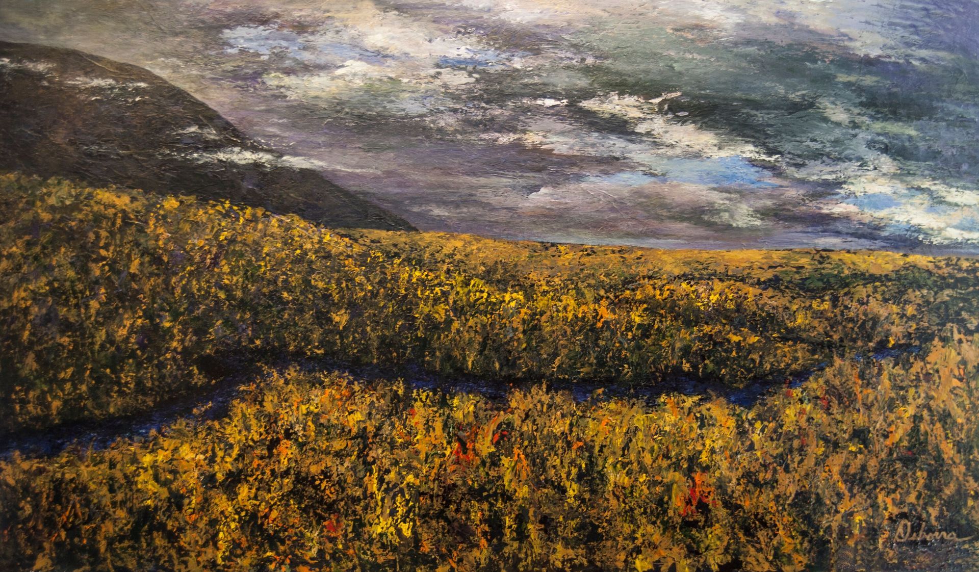 A landscape painting shows a dark mountain, a forest of fall colors, and a stormy sky.