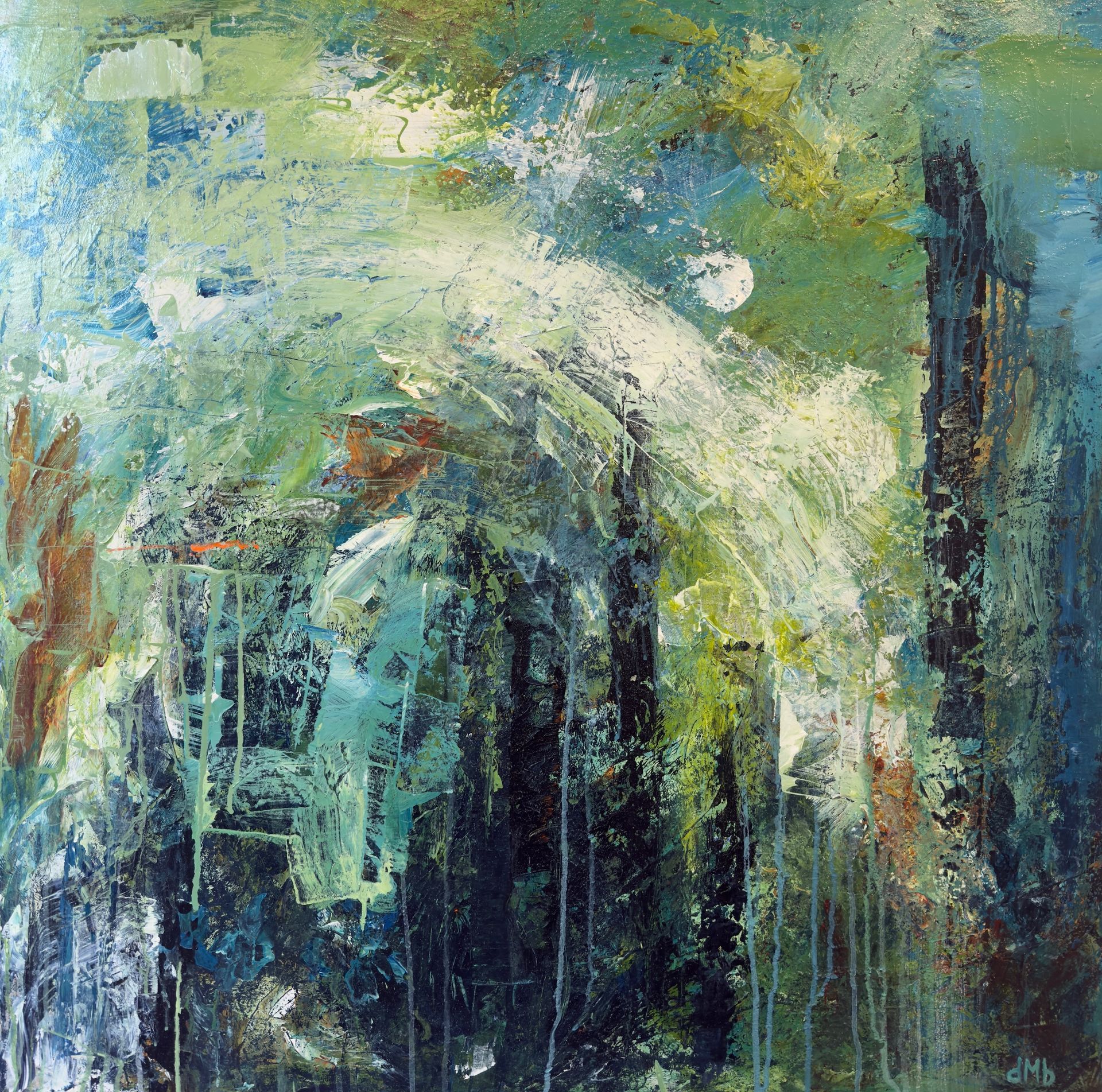 Profile portrait of a figure, blue hues, red lips, side view. Abstract background, gold and green, hints of a structure.