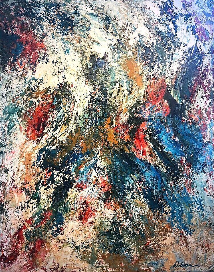 Abstract painting with swirling brushstrokes of blue, red, white, and brown.