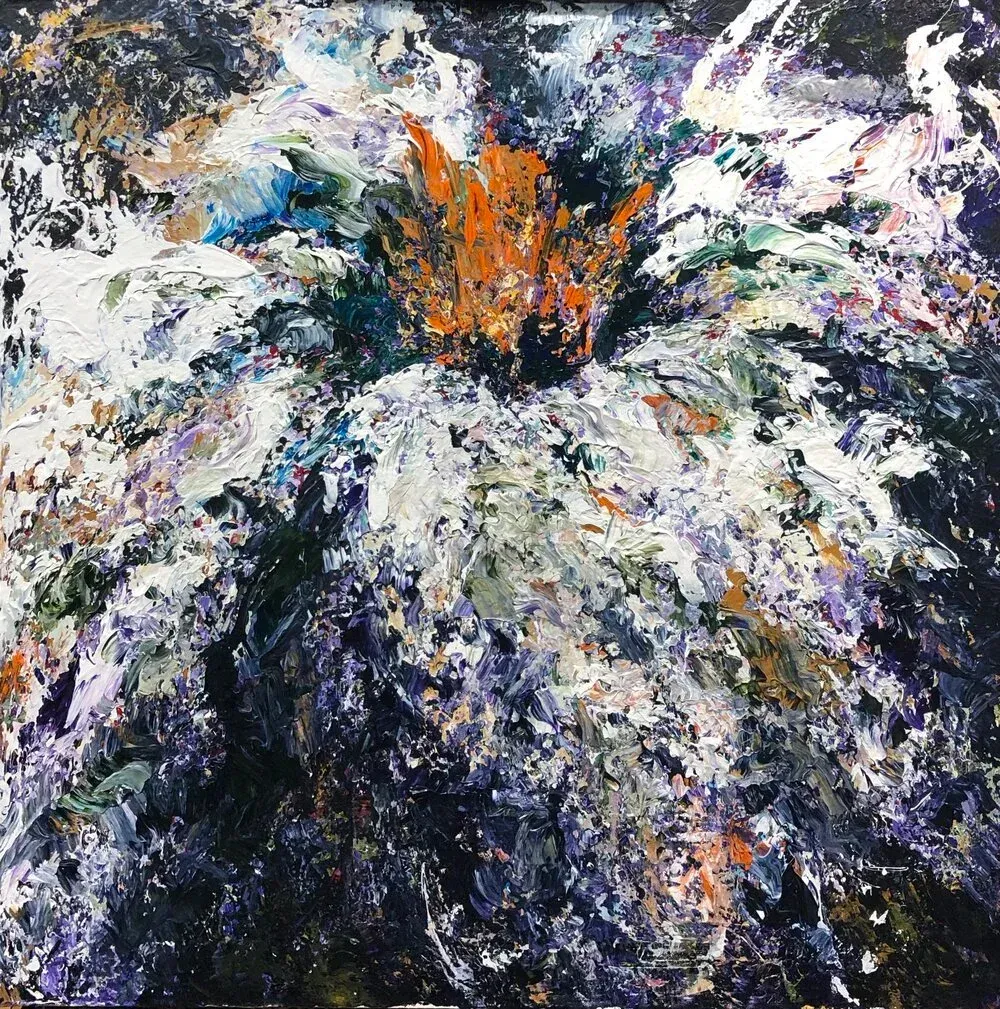 Impasto flower painting, white petals with orange center, dark background.