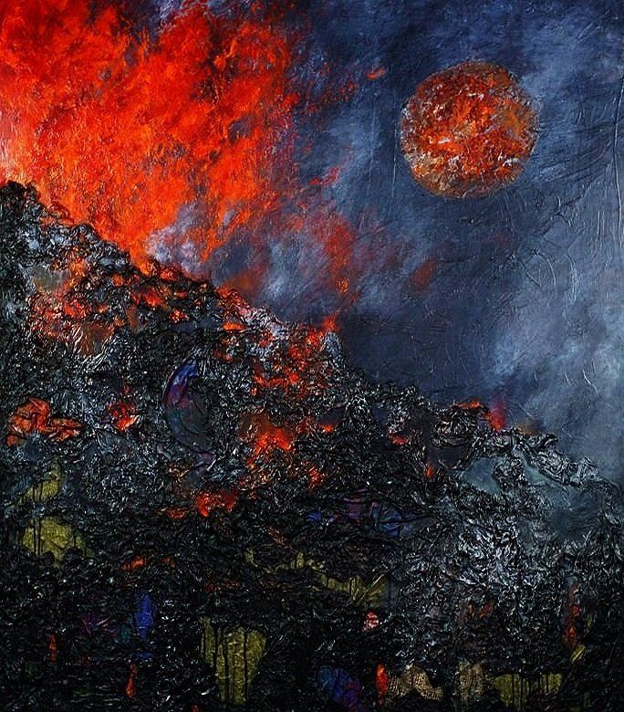 Volcanic landscape in reds and blacks with a fiery sun against a dark, textured sky.