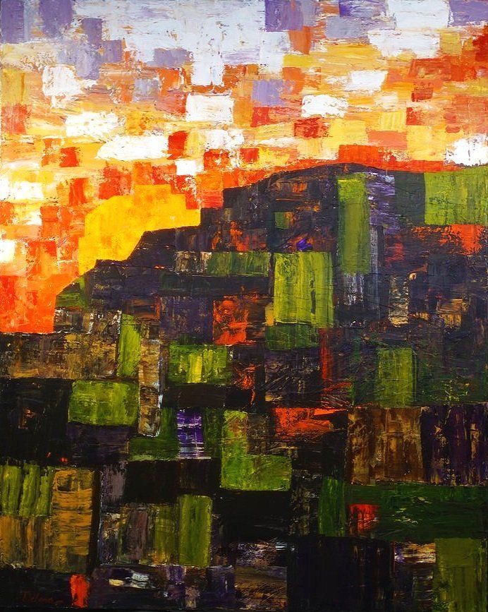 Abstract painting of a landscape with green, purple, and orange blocks under a bright, colorful sky.