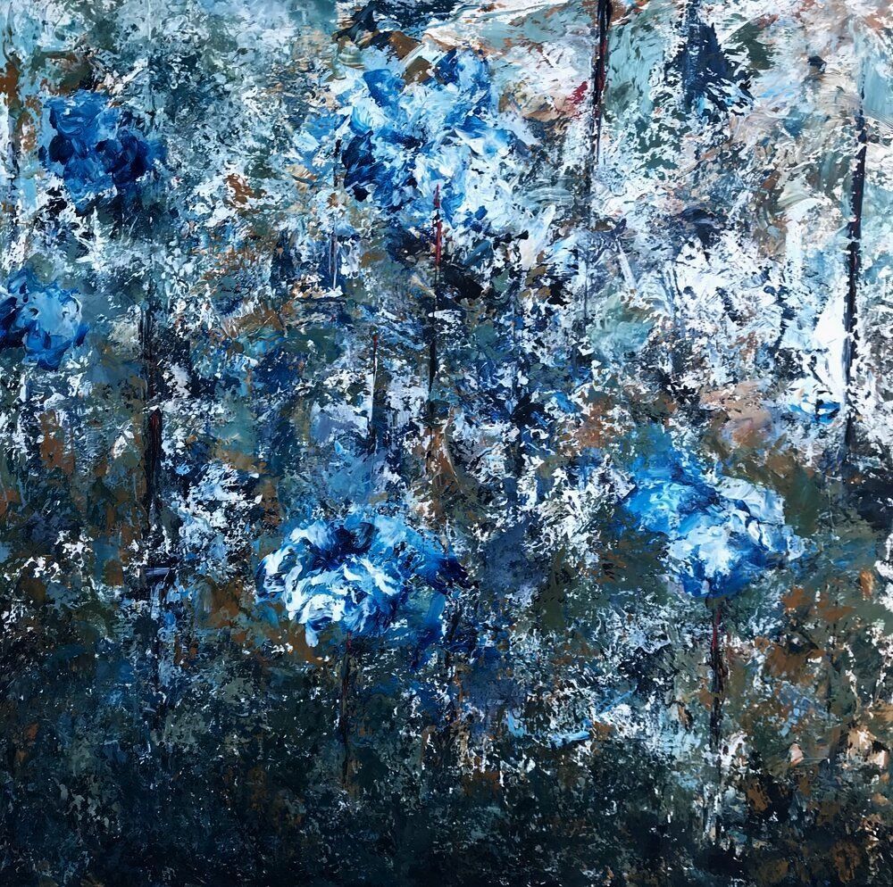 Abstract blue floral painting with textured brushstrokes; dark and light tones.