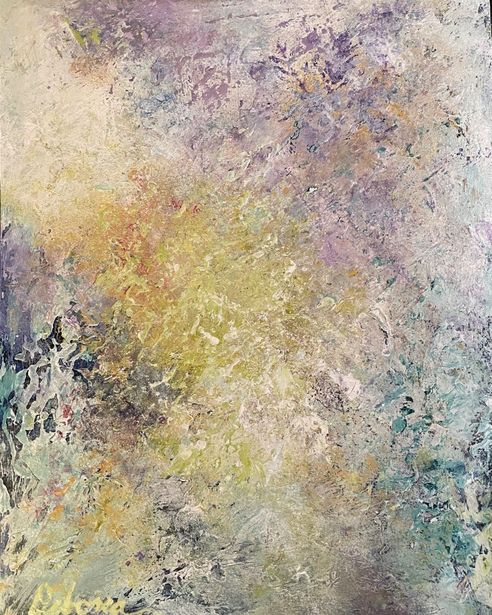 Abstract painting with muted yellow, purple, and blue hues. The texture is rough and layered.