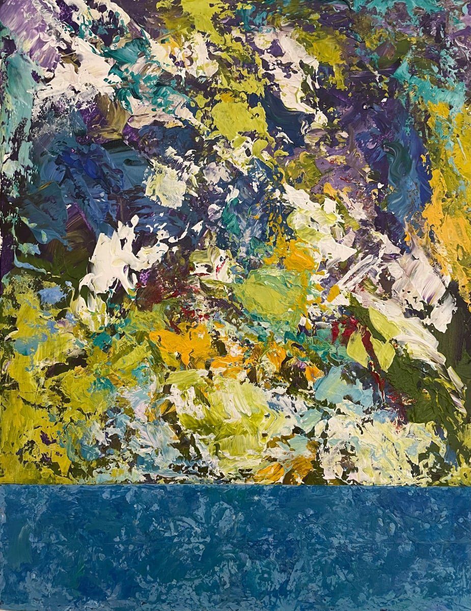 Abstract painting of a colorful landscape with blue water at the bottom.