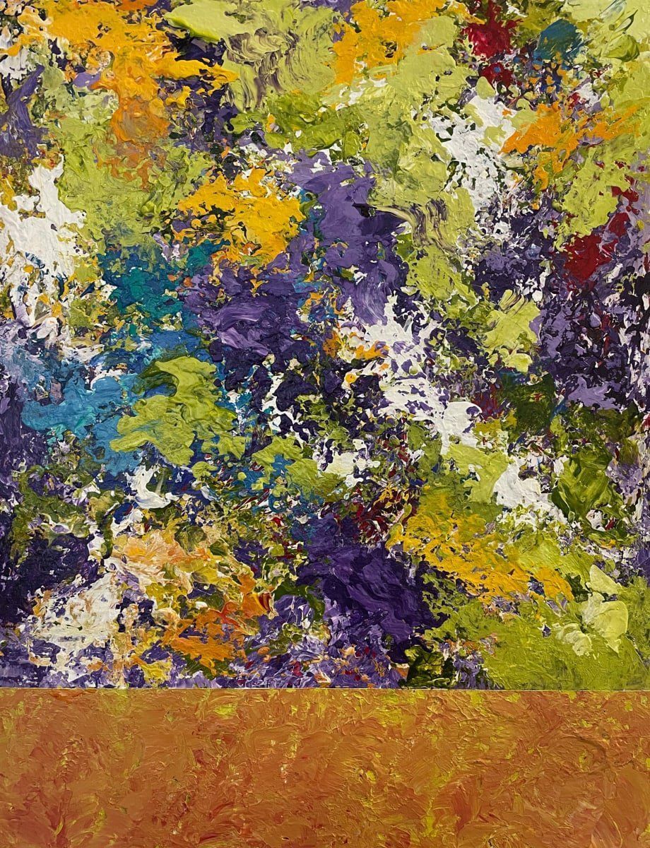 Abstract art with vibrant brushstrokes of yellow, purple, green, and orange over a brown lower panel.