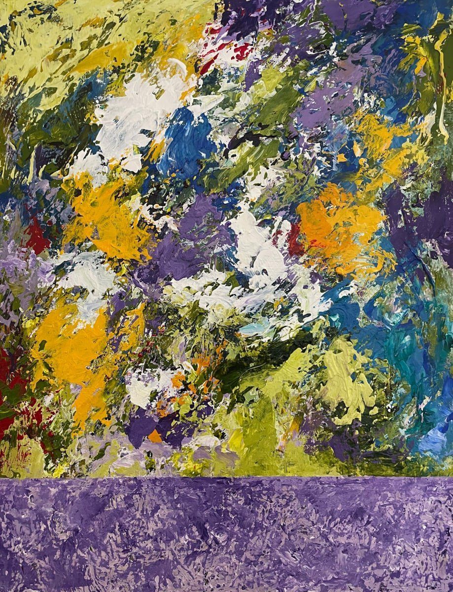 Abstract painting of a colorful, textured floral scene in yellows, blues, purples, and greens above a purple band.