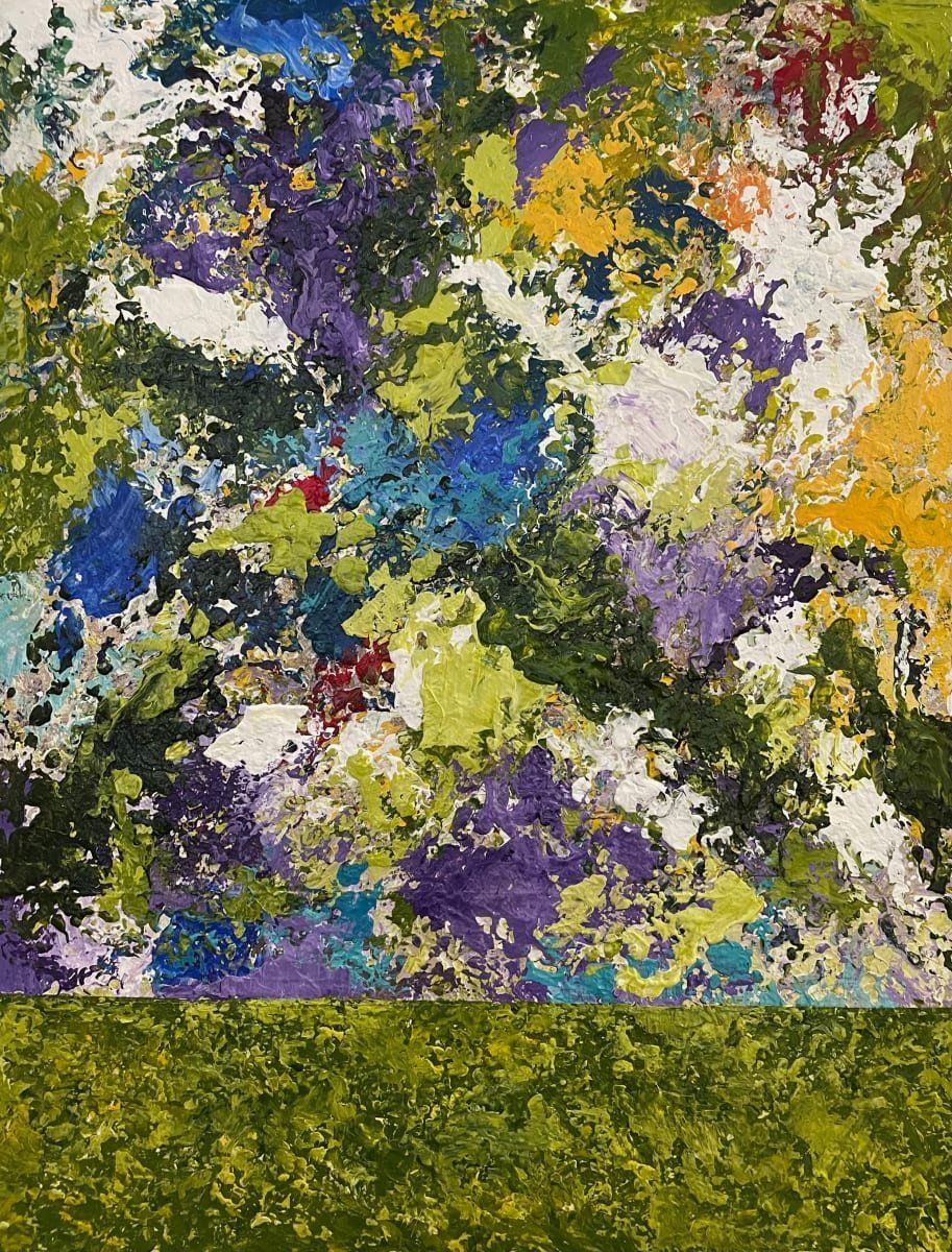 Abstract painting of colorful brushstrokes over a green rectangular base.