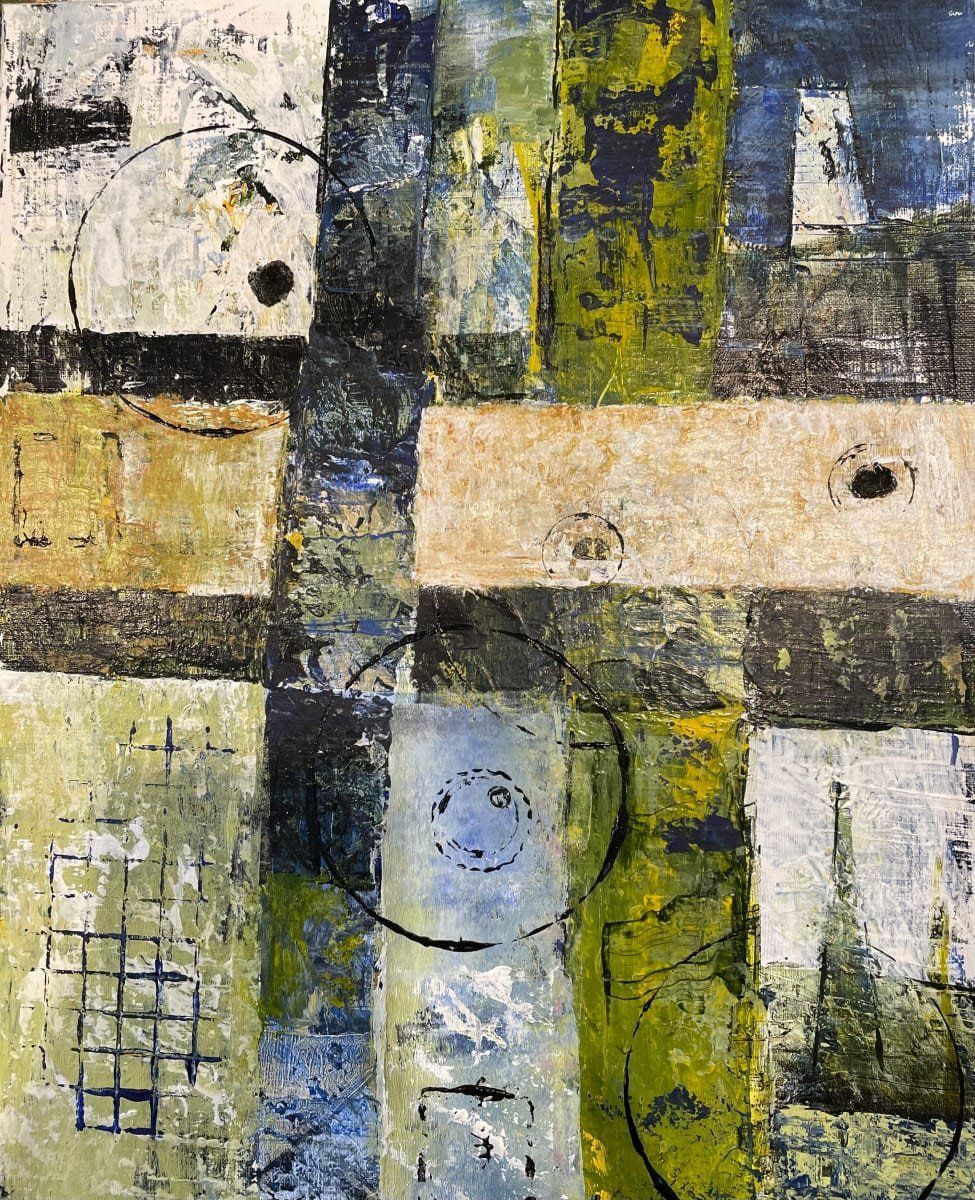 Abstract painting with overlapping rectangular blocks in cream, green, blue, and black.