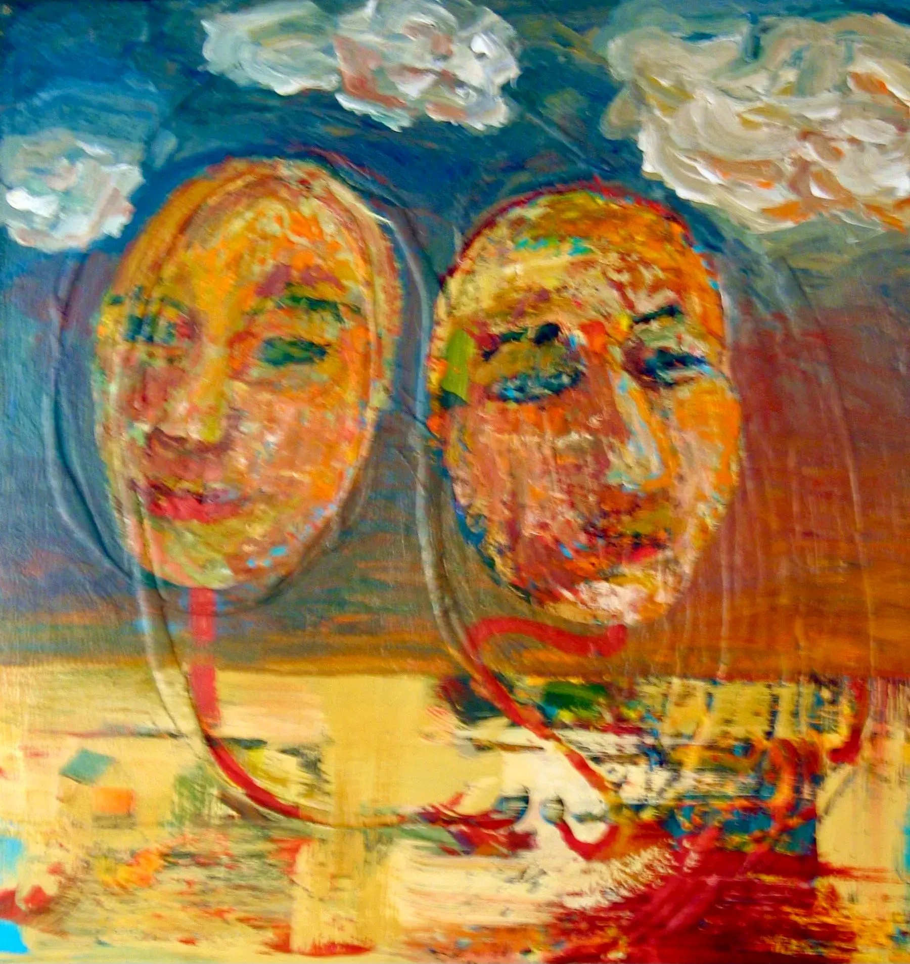 Two orange faces connected by a red line against a blue sky, with white clouds and an abstract yellow and red background.