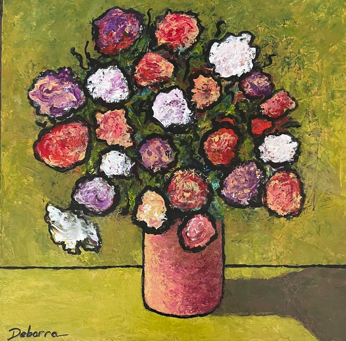 Colorful flowers in a pink vase against a green background; oil pastel art.