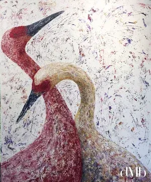 Two sandhill cranes with textured feathers, heads close, against a white splattered background.