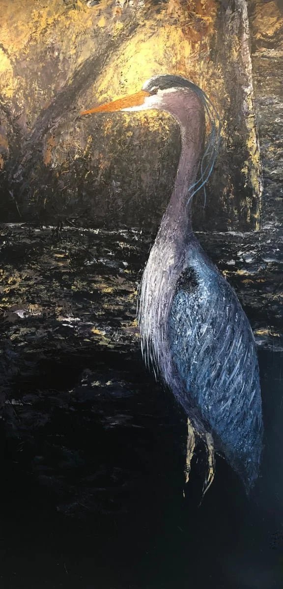 A blue heron stands in dark water. The bird has a long neck and orange beak; yellow background.