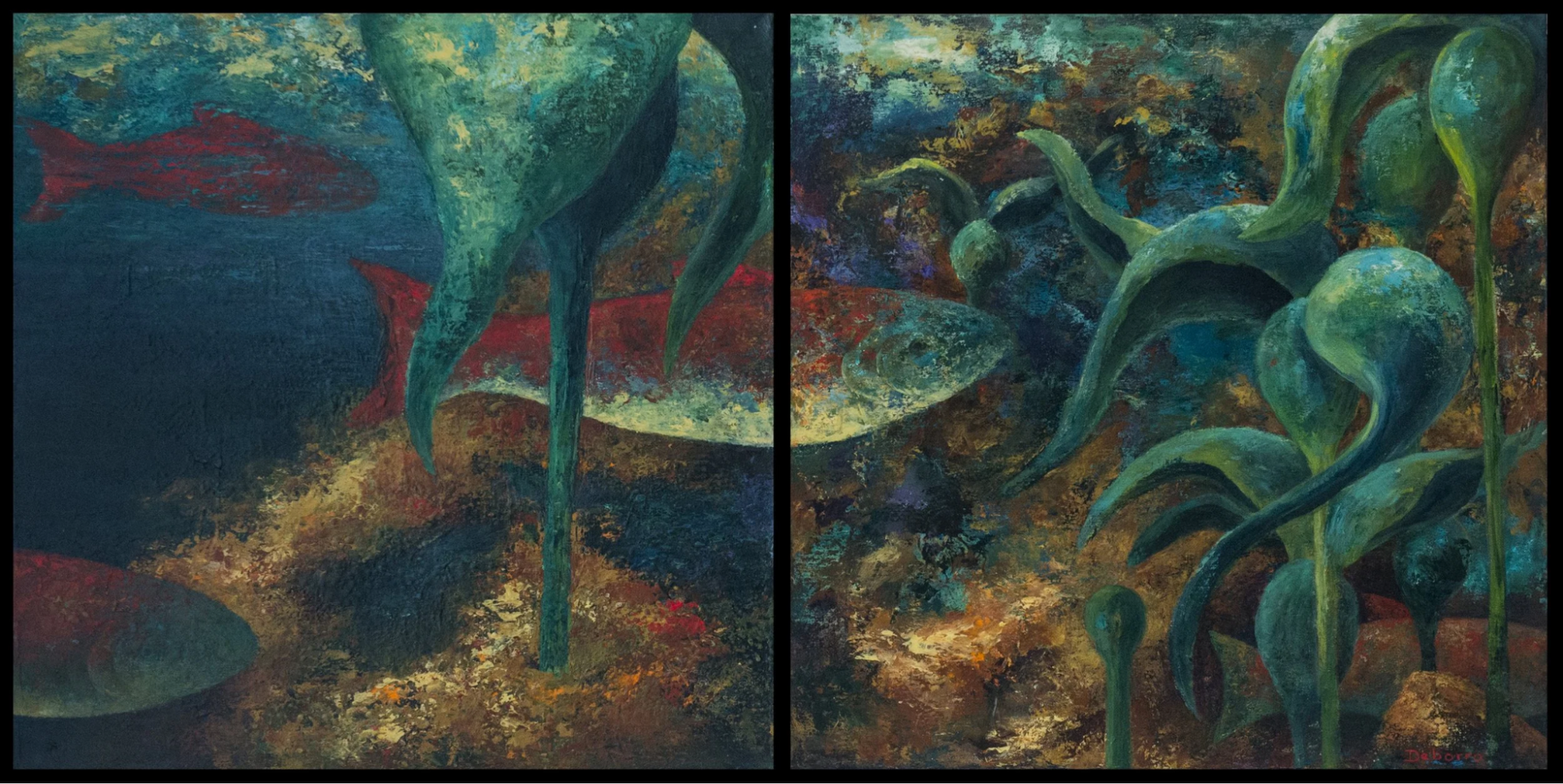 Abstract diptych with kelp, red fish, and underwater textures in teal, red, and gold.