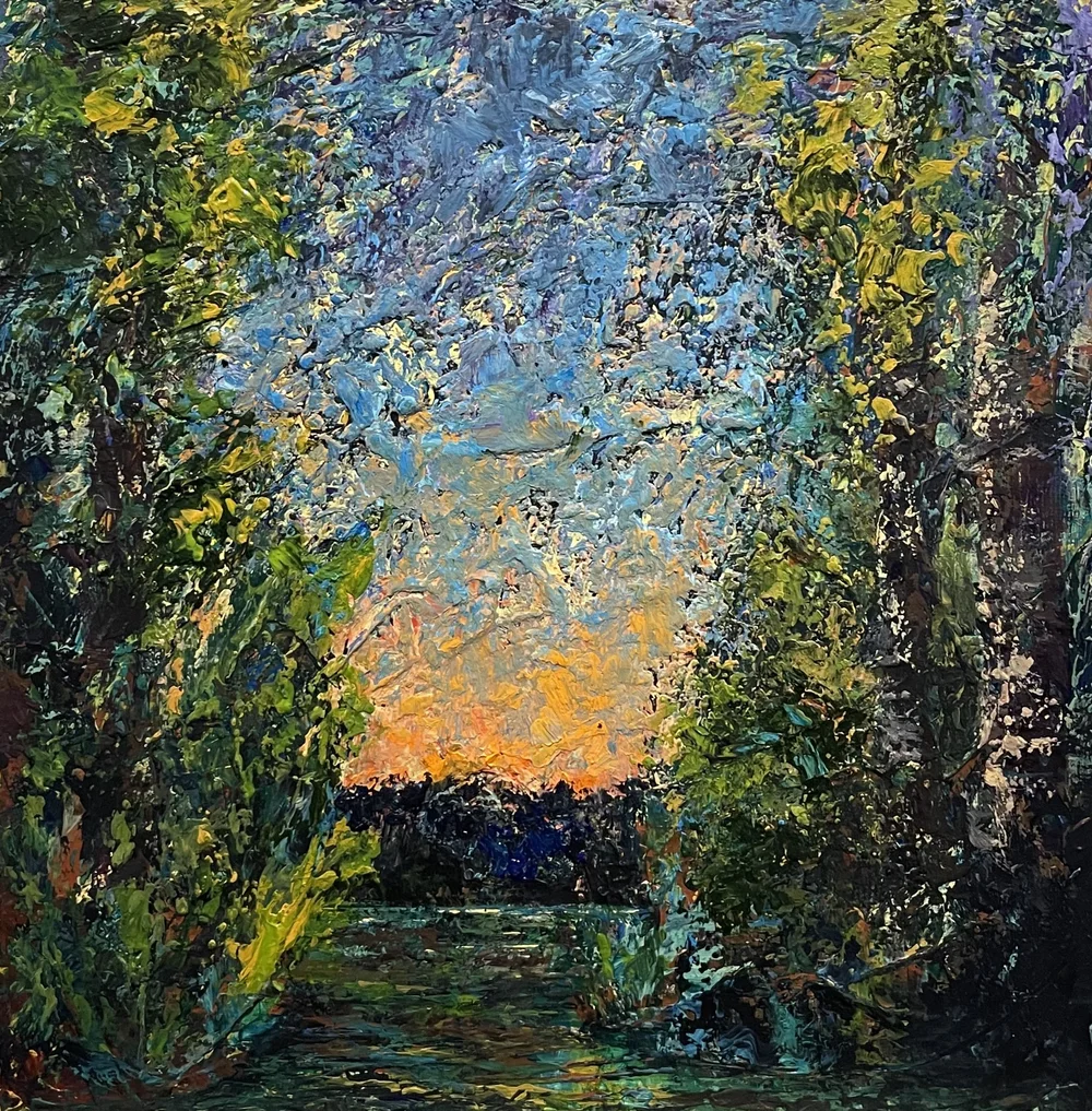 Impasto painting of a path leading to a sunset framed by trees. Blues, greens, yellows, and oranges dominate the scene.