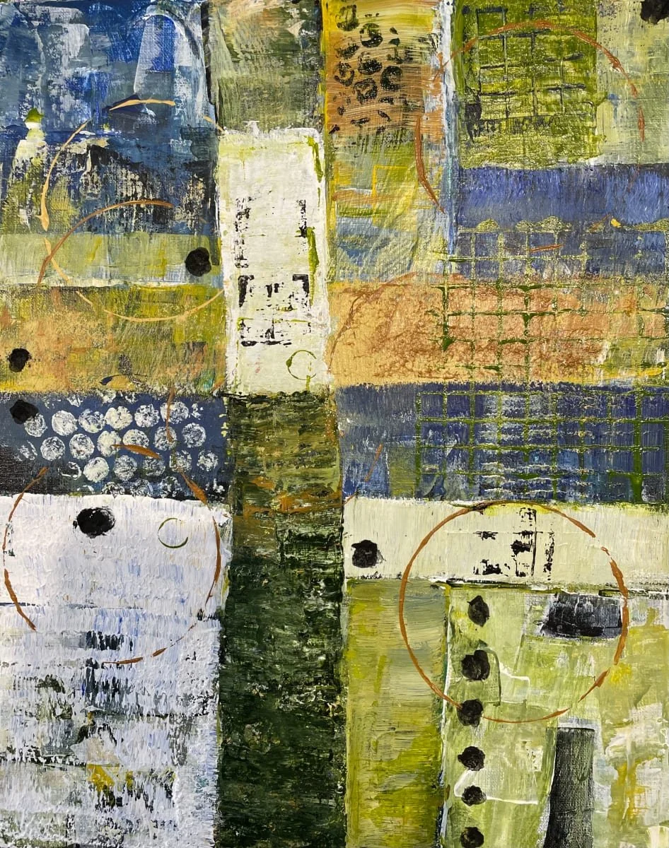 Abstract mixed media artwork with layered textures in blue, green, and tan hues; intersecting vertical and horizontal blocks.