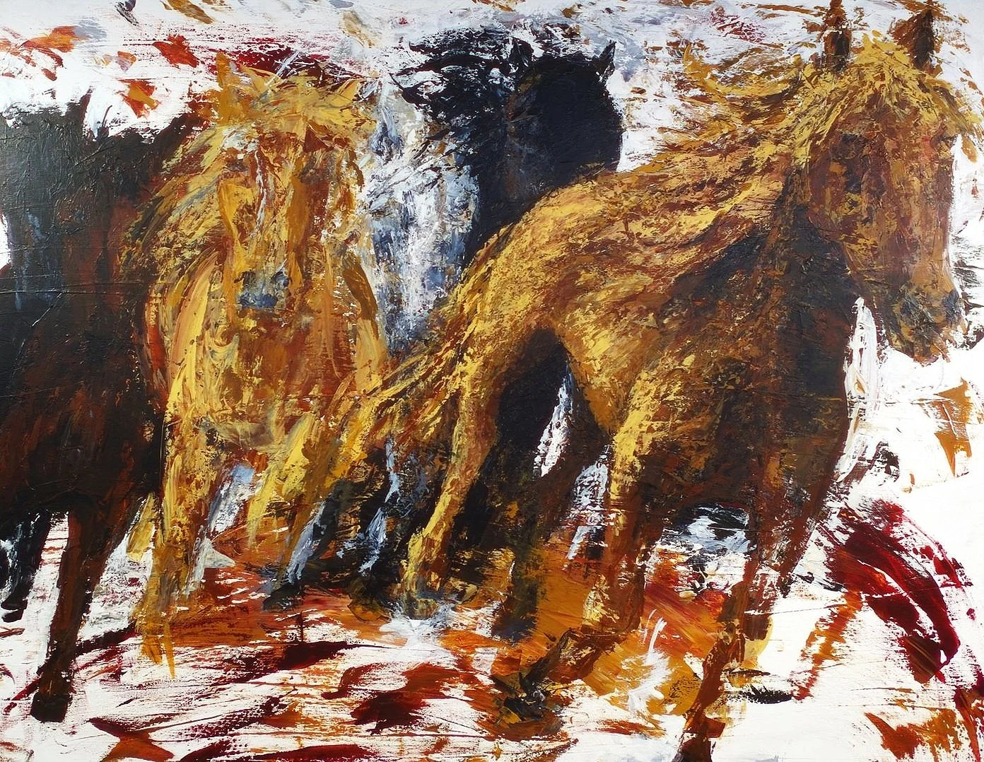 Horses running through a chaotic landscape. Painted with warm colors and a dynamic brushstroke.