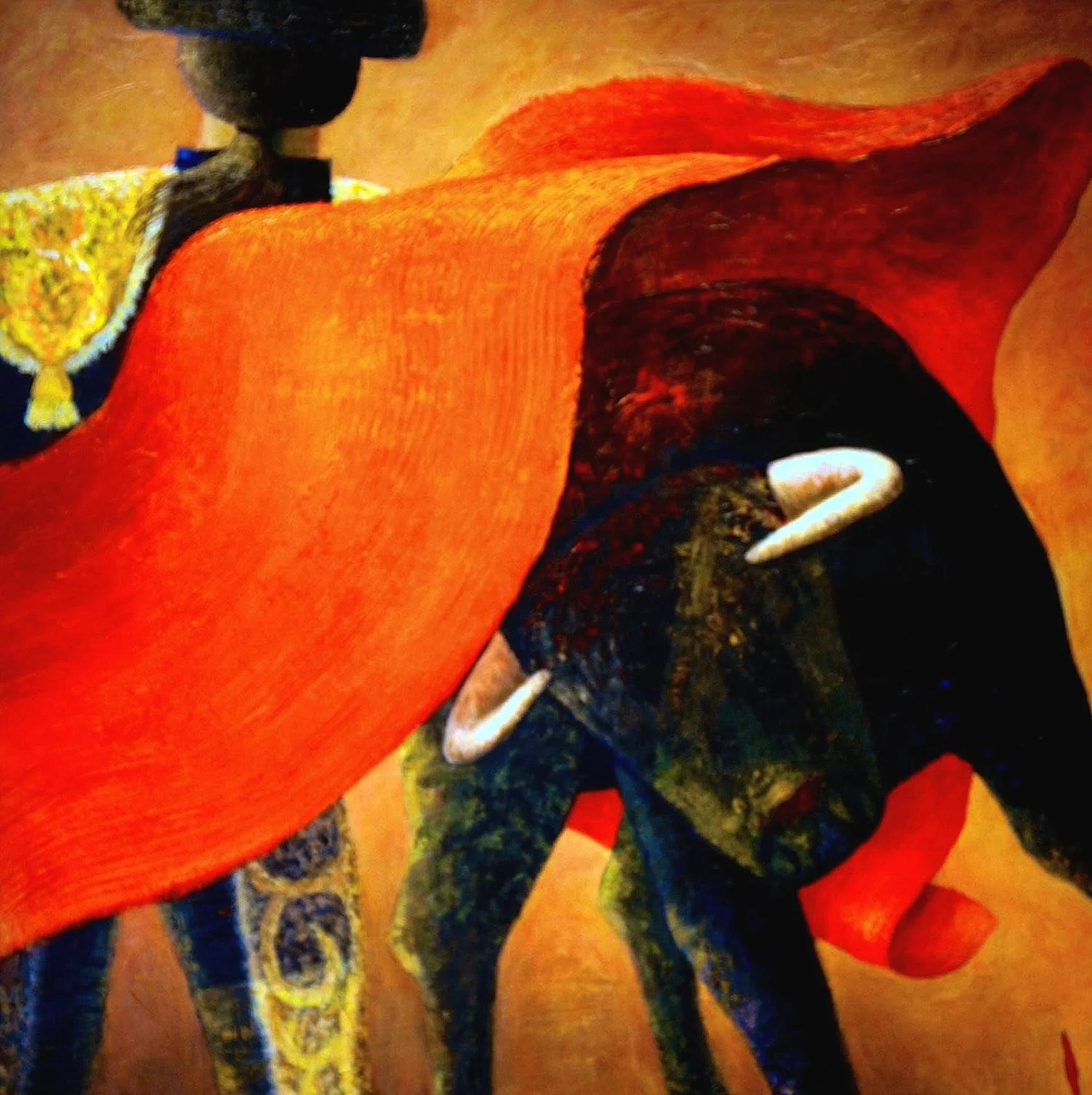 A matador in ornate attire faces a charging black bull, a red cape between them.