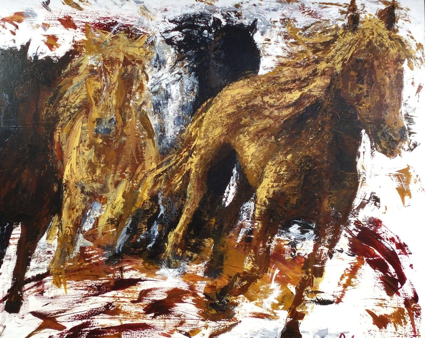 Two golden brown horses running; abstract brushstrokes on a white background.
