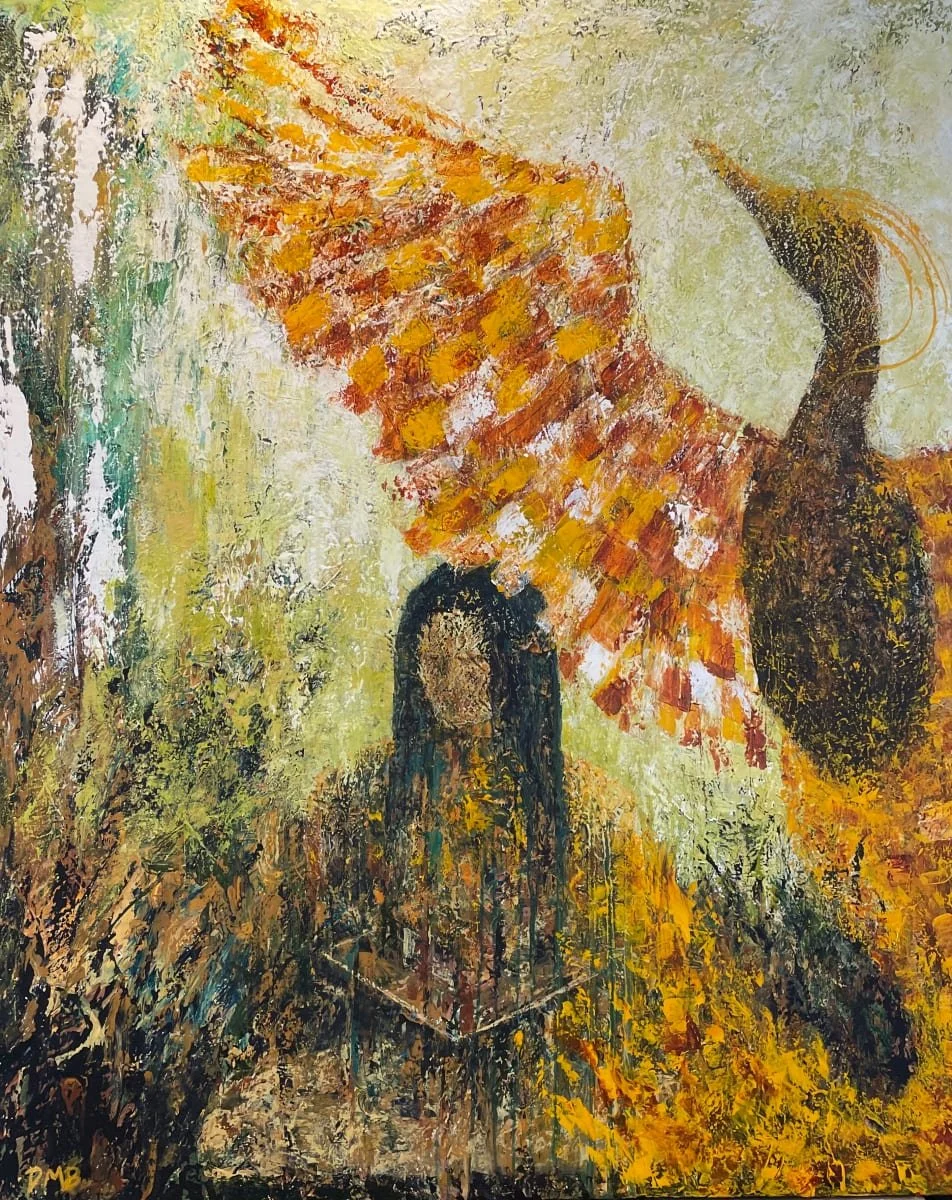 Abstract painting: Person with black hair and bird wings, yellows and oranges dominate, with hints of green.