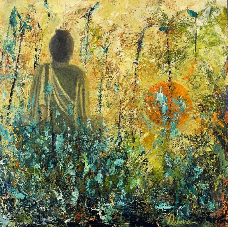 Buddha statue silhouette gazing at orange sun in textured, colorful forest.