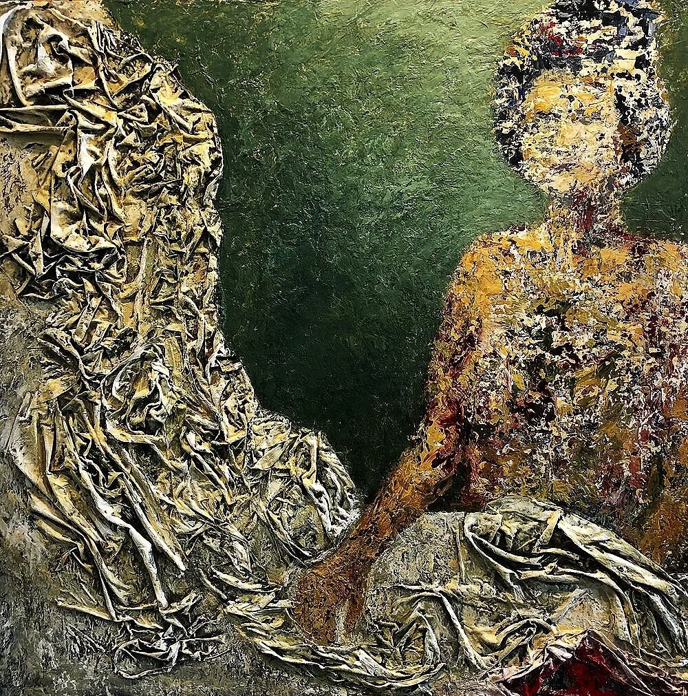 Abstract painting of a figure holding fabric. Earth tones, textured with a green background.