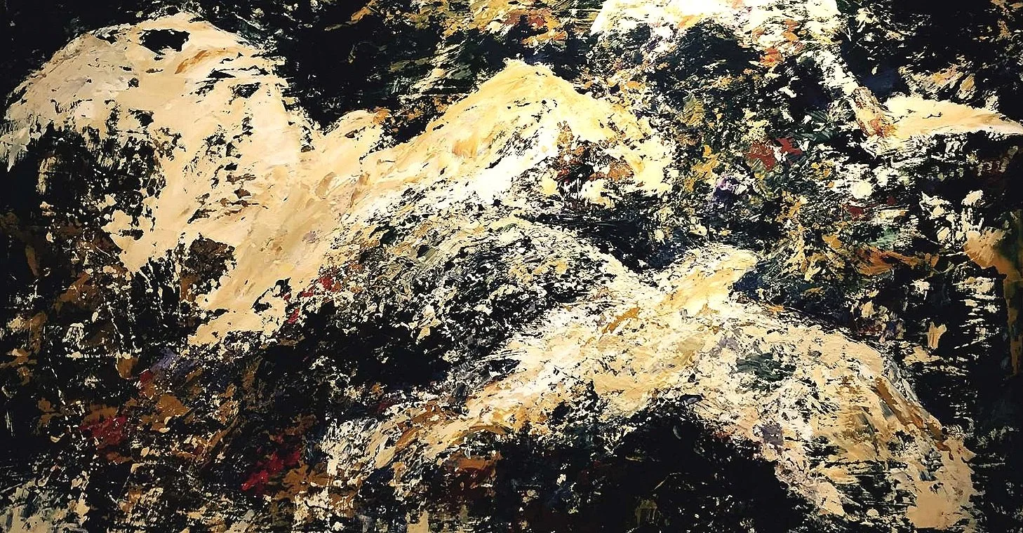 Abstract painting with gold and black splatters, suggesting a landscape.