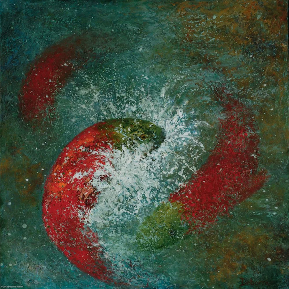 Abstract painting of red and green forms swirling in water, with splashes.