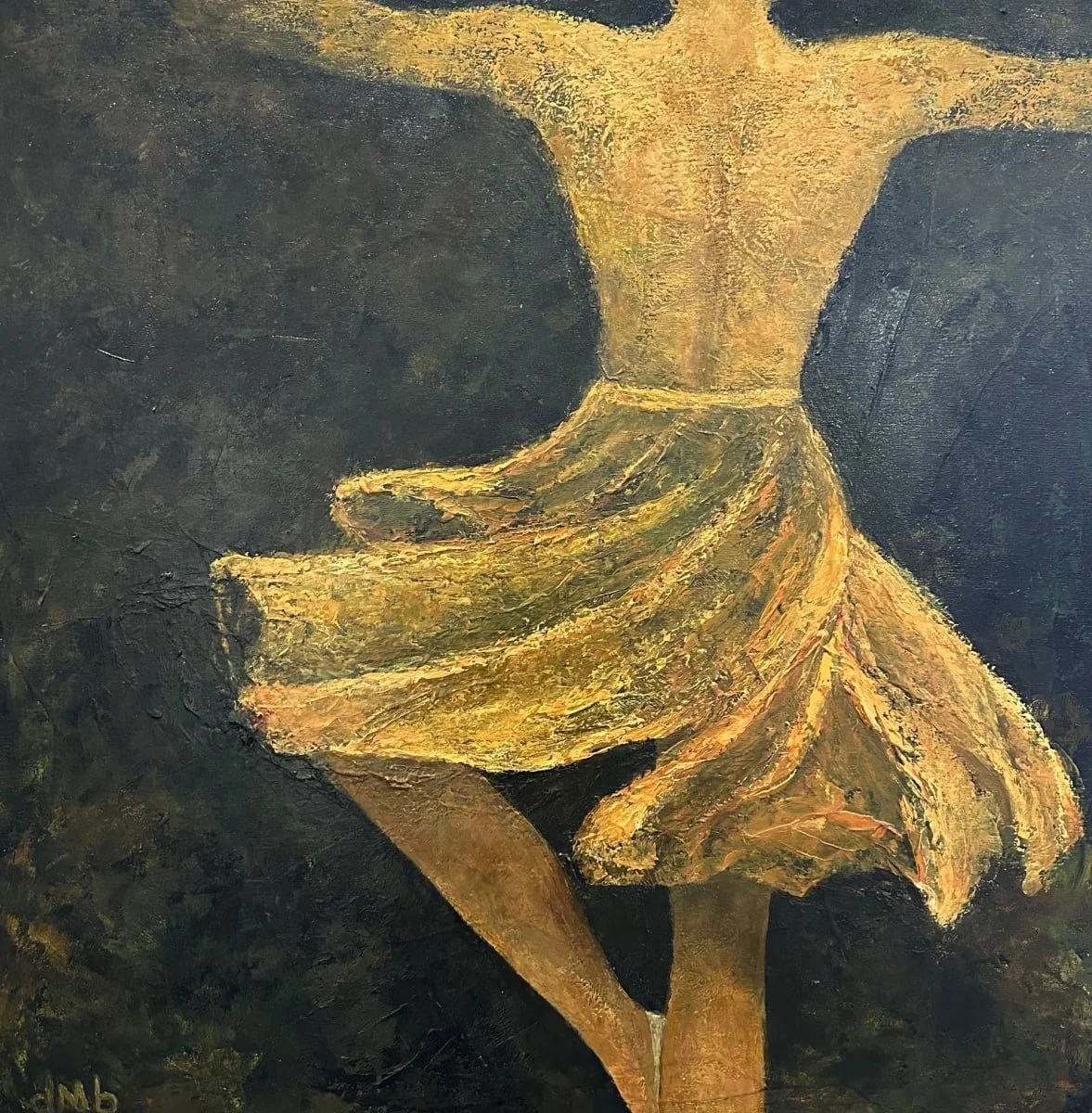 Golden dancer twirling on a dark background; arms outstretched, skirt billowing.