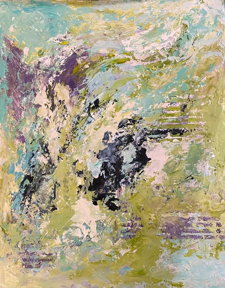 Abstract painting with textured brushstrokes of green, blue, white, purple, and black.
