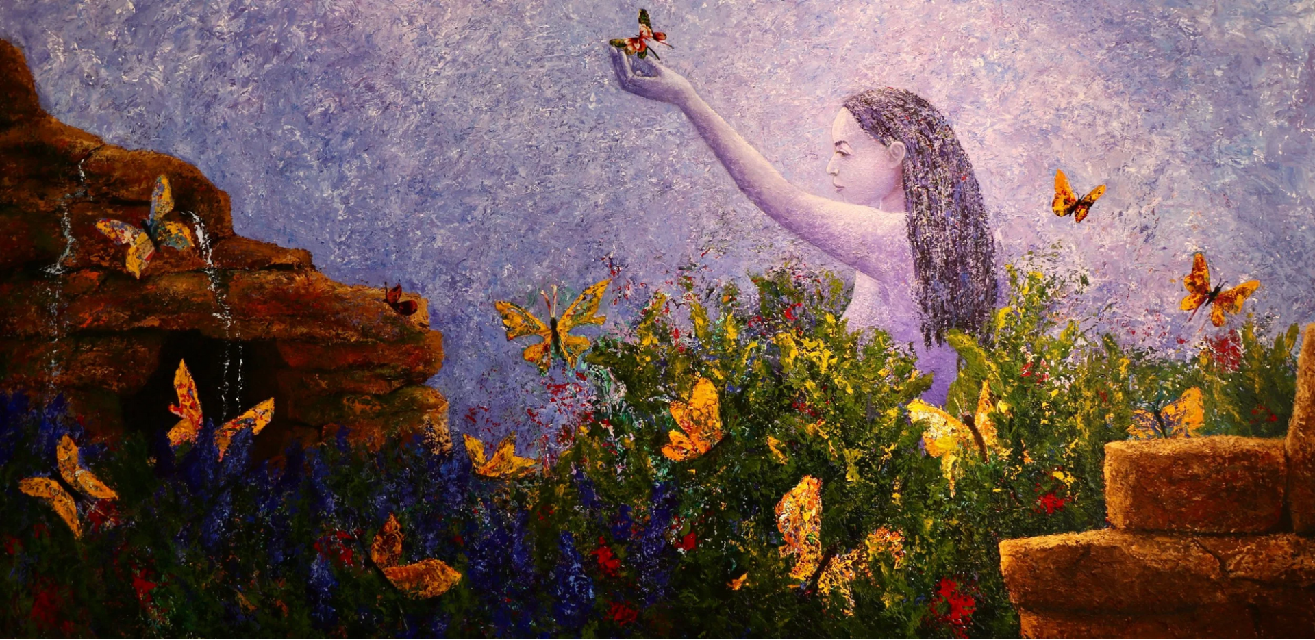 Woman reaching for a butterfly in a garden, with butterflies, plants, and a brick structure.