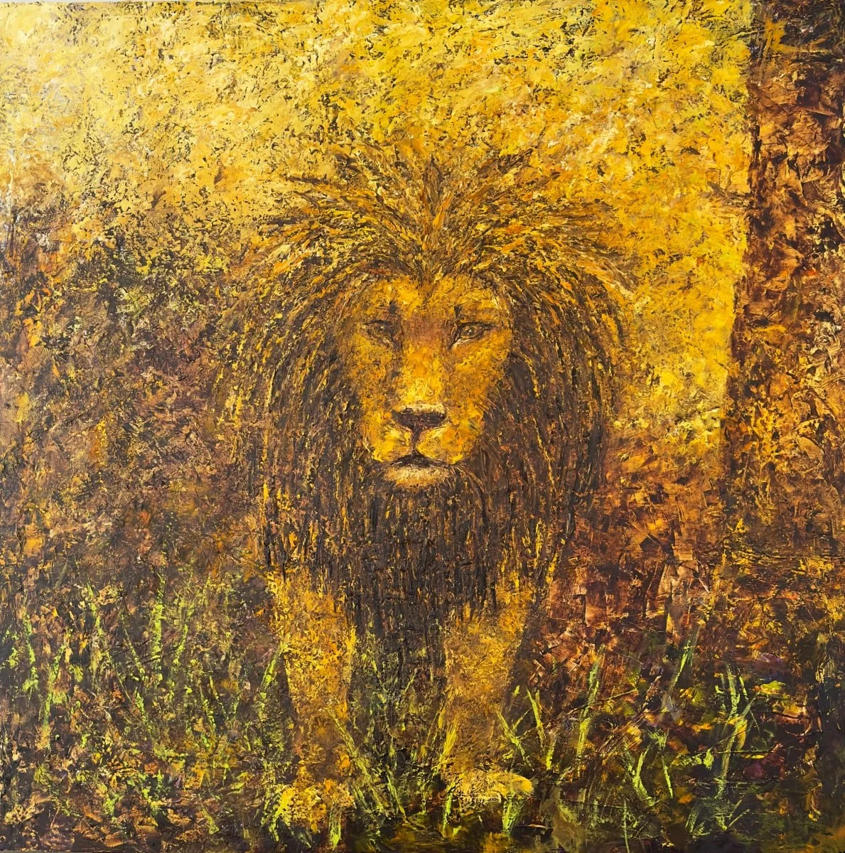 Lion with dark mane stands among tall grass in golden-toned setting.