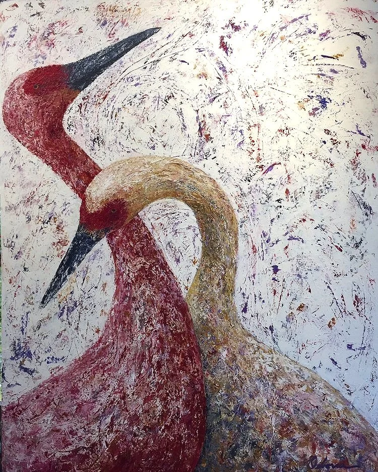 Three birds with curved necks, red and beige against a white, speckled background.