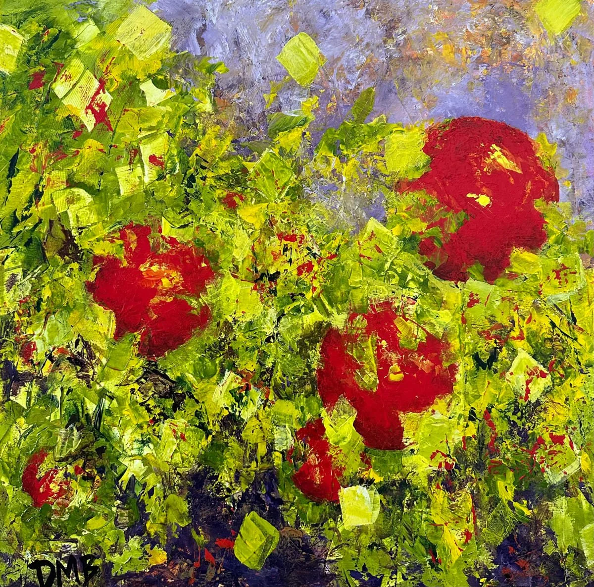 Red flowers bloom amongst green foliage, strokes of yellow and purple in the background.