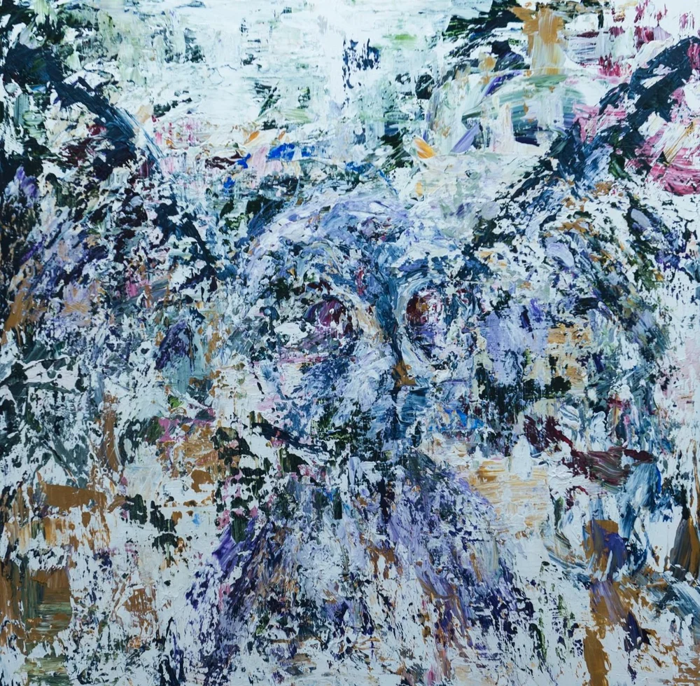 Abstract owl painting with blue, purple, and white brushstrokes.