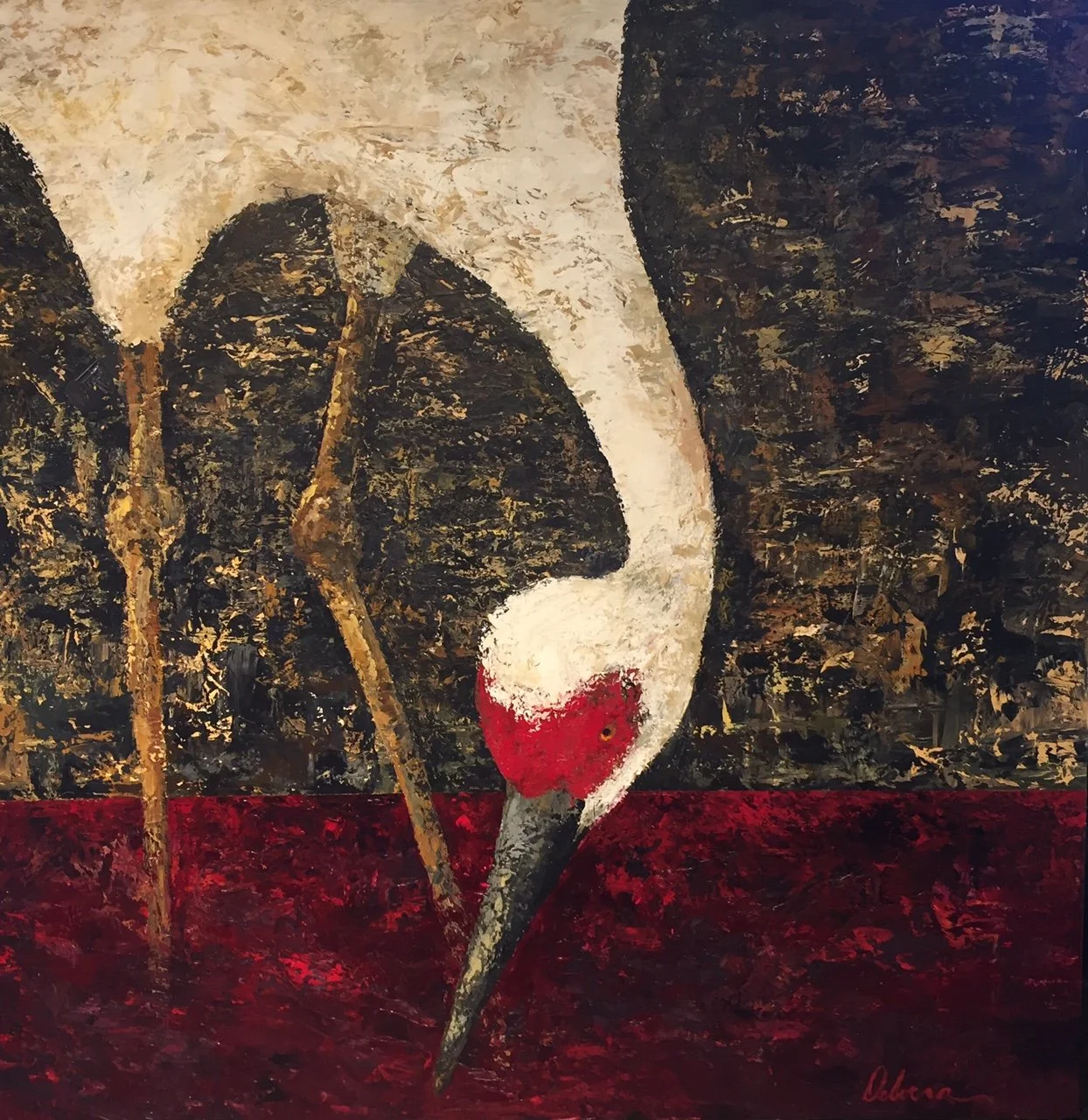 Crane with white body, red head, and long beak, depicted in abstract style against dark background.