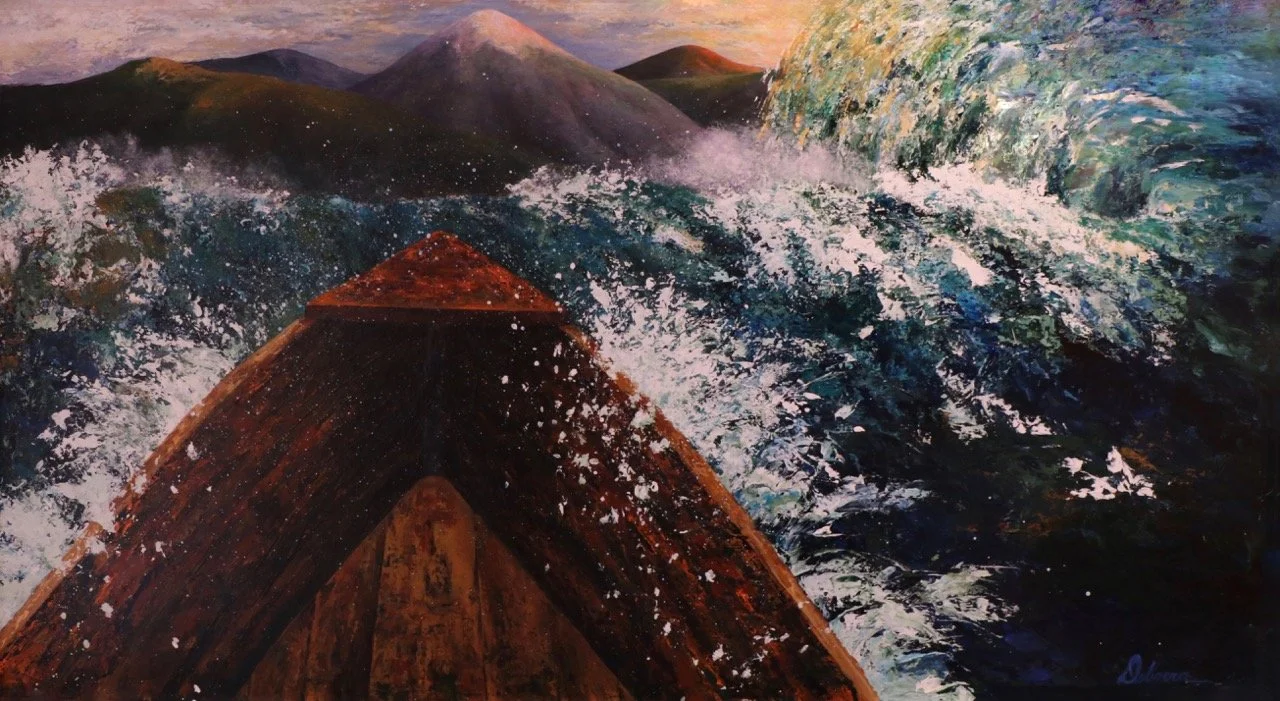 Ark navigating stormy seas, with mountains in the background. Brown, blue, white, and green colors.