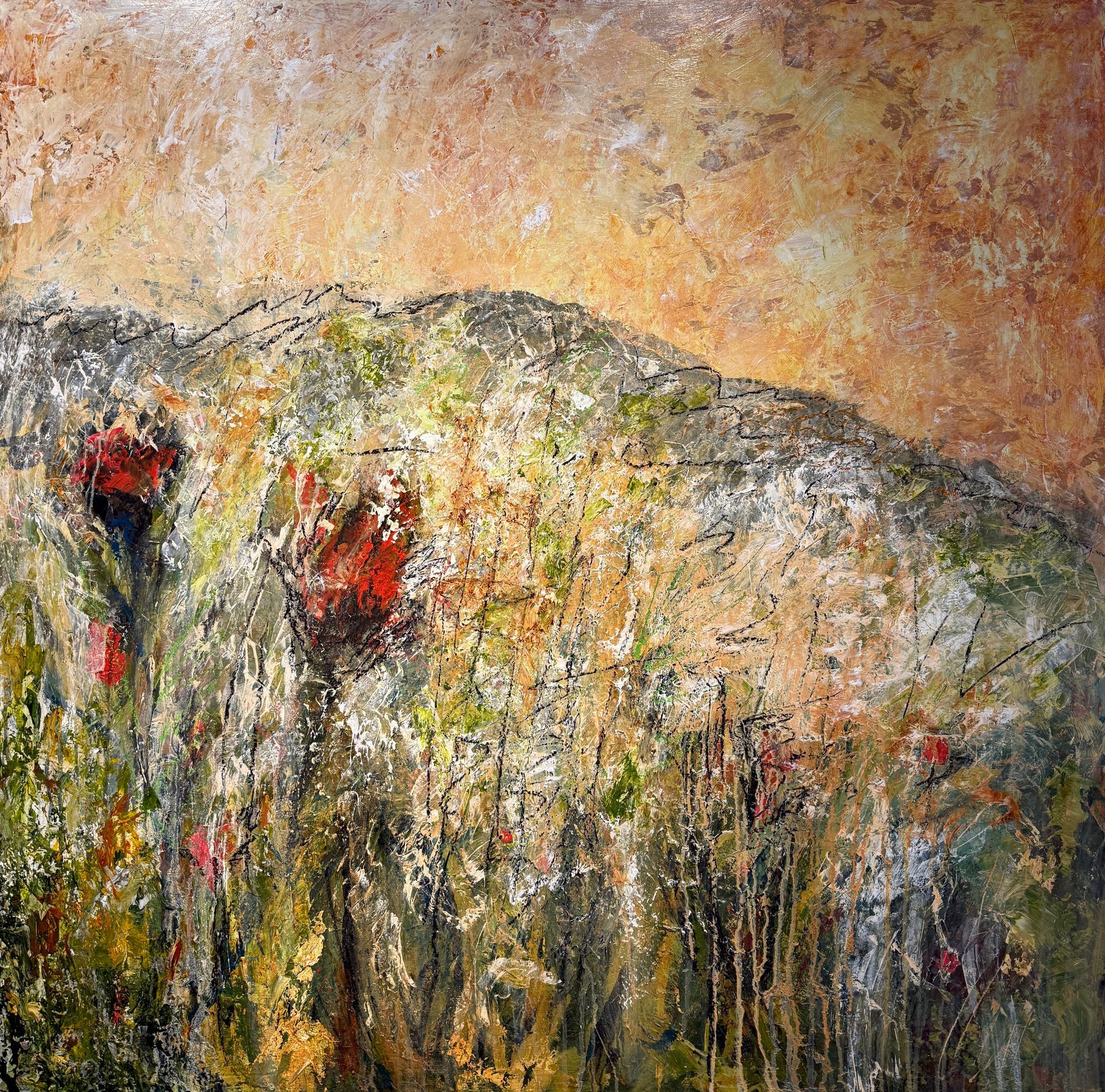 Abstract landscape painting with red flowers and a muted background.