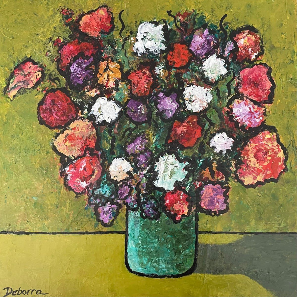 Colorful flowers in a green vase against a green-yellow background, impressionistic style painting.