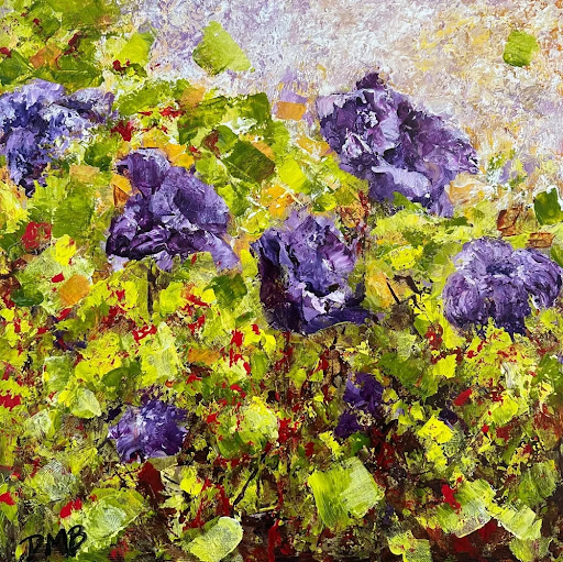 Close-up of impressionistic painting. Purple flowers, green foliage, and yellow accents.
