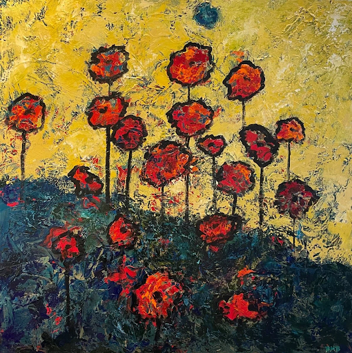 Red poppies with black stems against yellow and dark blue textured background.