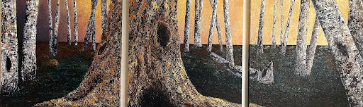 A multi-panel painting depicting a forest scene with a large tree in the foreground and tall, slender trees in the background.