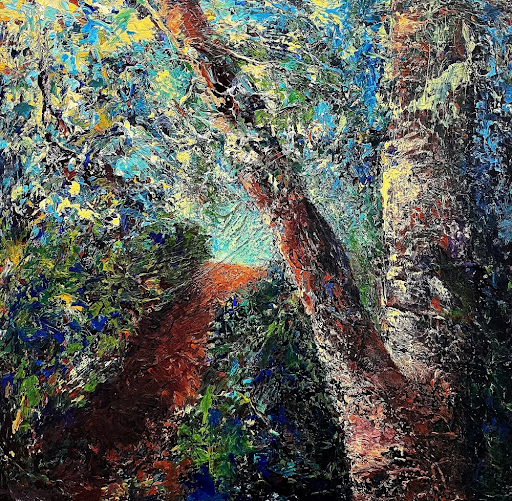 Trees with reddish-brown trunks and green and blue foliage, rendered in textured brushstrokes.