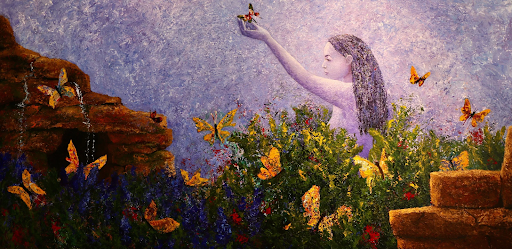 A person with long hair reaches for a butterfly in a garden filled with butterflies and greenery.