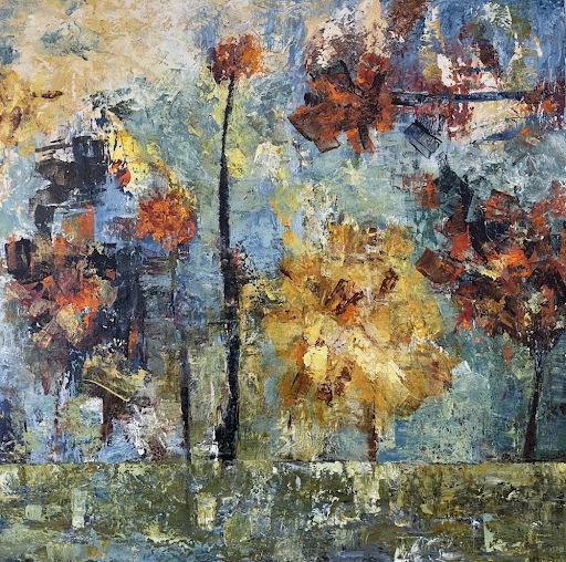 Abstract painting of trees with orange and yellow foliage against a blue and green background.