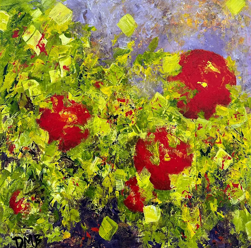Abstract painting of large red apples surrounded by green foliage, against a purple and yellow background.