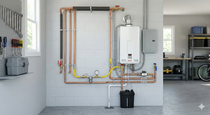 Wall-mounted tankless water heater with copper piping, gas lines, and a condensate pump in a residential garage.